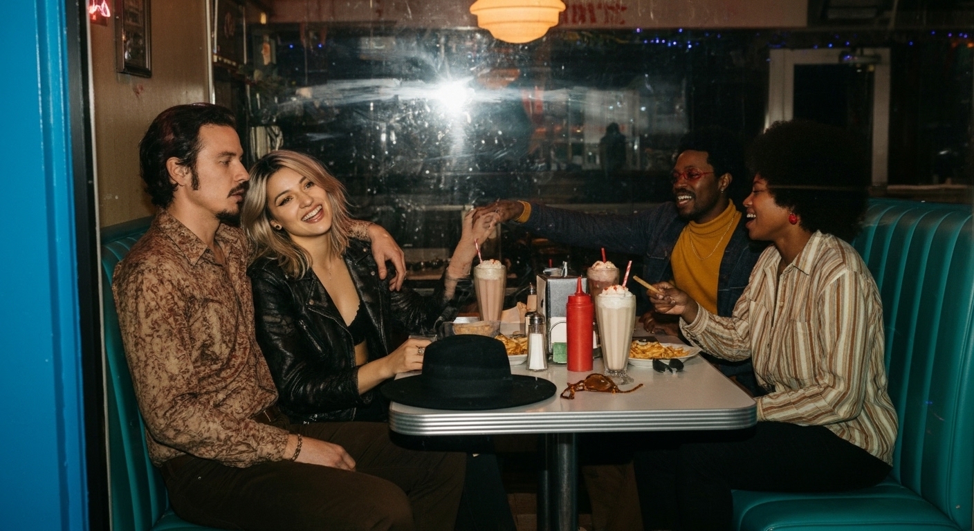 Thee Phoniques in a diner booth
